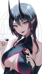 Rule 34 | 1girl, bare shoulders, black dress, black hair, breasts, candy, china dress, chinese clothes, chocolate, chocolate heart, cleavage, cleavage cutout, clothing cutout, demon girl, dress, fangs, food, heart, highres, horns, large breasts, looking at viewer, medium hair, oni, oni horns, oni kanzei, open mouth, original, red eyes, smile, solo