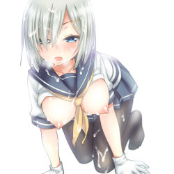Rule 34 | 10s, 1girl, all fours, black pantyhose, blue eyes, blush, breasts, cum, cum on body, cum on hair, cum on lower body, facial, gloves, hair ornament, hair over one eye, hairclip, hamakaze (kancolle), kantai collection, large breasts, looking at viewer, nipples, pantyhose, personification, saki chisuzu, school uniform, serafuku, short hair, silver hair, simple background, skirt, solo, white background, white gloves