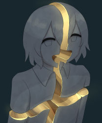 Rule 34 | 1boy, :d, absurdres, avogado6, collared shirt, commentary request, gold, happy, highres, open mouth, original, shirt, short hair, simple background, sliced, smile, solo, split head, symbolism, upper body