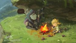 Rule 34 | ..., 2boys, apple, beard, bettykwong, blonde hair, campfire, cane, cave, cliff, commentary, eating, facial hair, food, fruit, grass, hood, link, male focus, multiple boys, nintendo, old man (zelda), pointy ears, ponytail, sitting, the legend of zelda, the legend of zelda: breath of the wild, watermark, web address