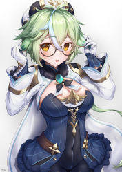 Rule 34 | 1girl, alternate breast size, anemo (genshin impact), animal ears, arms up, beret, blue dress, blush, breasts, cat ears, covered navel, dress, genshin impact, glasses, gloves, gold trim, green hair, hat, highres, large breasts, long hair, long sleeves, looking at viewer, multicolored hair, navel, open mouth, orange eyes, ponytail, semi-rimless eyewear, solo, sucrose (genshin impact), vision (genshin impact), xfate