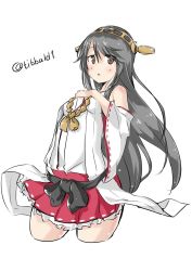 Rule 34 | 10s, 1girl, bad id, bad twitter id, bare shoulders, black hair, blush, breasts, brown eyes, cowboy shot, cropped legs, detached sleeves, ebifurya, eyebrows, eyes visible through hair, hair between eyes, hand on own chest, haruna (kancolle), headgear, highres, inactive account, kantai collection, long hair, looking at viewer, medium breasts, nontraditional miko, parted lips, red skirt, simple background, skirt, solo, twitter username, white background, wide sleeves