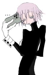 Rule 34 | ..., 1other, black dress, cellphone, contrapposto, cowboy shot, crona (soul eater), dress, eyebrows hidden by hair, gloves, hair over eyes, hand on own arm, highres, holding, holding phone, limited palette, narrowed eyes, phone, pink eyes, pink hair, selfie, short hair, shoulders up, simple background, skinny, smartphone, soul eater, squinting, tongue, tongue out, turtleneck, turtleneck dress, white background, white gloves, yasunavert