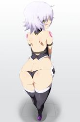 Rule 34 | 1girl, arm belt, ass, back, bandaged arm, bandages, bare shoulders, black panties, black thighhighs, black vest, breasts, butt crack, cropped vest, danpu, facial scar, fate/apocrypha, fate/grand order, fate (series), green eyes, hair between eyes, highres, jack the ripper (fate/apocrypha), looking at viewer, looking back, lowleg, lowleg panties, open mouth, panties, scar, scar across eye, scar on cheek, scar on face, short hair, shoulder tattoo, small breasts, tattoo, thighhighs, thighs, underwear, vest, white hair