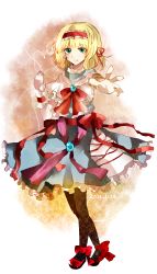Rule 34 | 1girl, alice margatroid, bad id, bad pixiv id, black pantyhose, blonde hair, blue dress, bow, capelet, dress, female focus, frills, gem, green eyes, hairband, highres, kim odor, looking at viewer, pantyhose, short hair, smile, solo, string, touhou, wrist cuffs