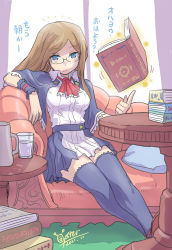 Rule 34 | 1girl, ascot, blue eyes, blue thighhighs, book, breasts, brown hair, capelet, castlevania (series), castlevania: portrait of ruin, charlotte aulin, closed mouth, couch, cup, dated, dress, glasses, highres, long hair, looking at viewer, oyster (artist), sitting, skirt, solo, thighhighs