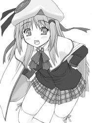 Rule 34 | beret, buttons, cape, fangs, greyscale, hat, large buttons, little busters!, monochrome, noumi kudryavka, shichimenchou, solo, thighhighs