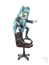 Rule 34 | 1girl, @ @, aqua eyes, aqua hair, aqua necktie, artist name, bare shoulders, black skirt, black sleeves, black thighhighs, boots, chair, clenched teeth, commentary, dated, detached sleeves, digiral, english commentary, full body, furrowed brow, grey shirt, hair ornament, hatsune miku, headphones, high heels, highres, long hair, looking down, miniskirt, necktie, office chair, on chair, pleated skirt, scared, shaded face, shirt, simple background, skirt, sleeveless, sleeveless shirt, solo, standing, standing on chair, swivel chair, teeth, the floor is lava, thigh boots, thighhighs, twintails, very long hair, vocaloid, white background, zettai ryouiki