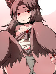 Rule 34 | 1girl, anal hair, animal ears, bad id, bad pixiv id, barefoot, blush, breasts, brooch, brown hair, claws, cleavage, clitoris slip, clothes lift, clothes pull, collarbone, female pubic hair, fur, grey panties, hakika, imaizumi kagerou, inverted nipples, jewelry, long sleeves, looking at viewer, medium breasts, nail polish, nipples, off shoulder, panties, pubic hair, pubic hair peek, puffy nipples, pussy, pussy peek, red eyes, red nails, shaded face, sharp toenails, shirt, shirt pull, sitting, skirt, skirt lift, solo, sweat, tail, tears, toenails, touhou, underwear, upskirt, wavy mouth, wide sleeves, wolf ears