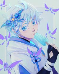 Rule 34 | 1boy, blue eyes, blue hair, child, chongyun (genshin impact), commentary, eating, english commentary, food, frozen, genshin impact, hair ornament, highres, hiya cass, holding, looking at viewer, male focus, popsicle, short hair, solo, tongue, tongue out