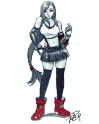 Rule 34 | 1girl, black skirt, black thighhighs, breasts, earrings, elbow gloves, elbow pads, final fantasy, final fantasy vii, fingerless gloves, gloves, highres, jewelry, limited palette, long hair, low-tied long hair, midriff, miniskirt, robaato, shirt, skirt, solo, square enix, suspender skirt, suspenders, tank top, taut clothes, taut shirt, thighhighs, tifa lockhart