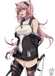 Rule 34 | 1girl, animal ears, arknights, armor, bare shoulders, black jacket, black thighhighs, cowboy shot, earpiece, gravel (arknights), highres, holding, holding sword, holding weapon, jacket, long hair, long sleeves, mouse ears, mouse girl, off shoulder, open mouth, pink eyes, pink hair, simple background, solo, sword, thighhighs, weapon, white background, yoshiga