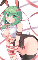 Rule 34 | 1girl, absurdres, animal ears, ass, black thighhighs, bound, bound arms, bow, breasts, cleavage, cowboy shot, fake animal ears, fake tail, front ponytail, green eyes, green hair, harunoha, highres, kagiyama hina, leotard, looking at viewer, open mouth, playboy bunny, red bow, red ribbon, ribbon, solo, tail, thighhighs, thighs, touhou, white background
