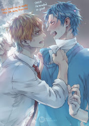 Rule 34 | 2boys, anger vein, angry, artist name, blue hair, blue sweater, blush, clothes grab, collared shirt, day, ear piercing, english text, eye contact, eyebrows, fang, fingernails, hands up, height difference, looking at another, male focus, minoru (minoru uwutemp), multiple boys, open mouth, orange eyes, orange hair, outdoors, piercing, profile, red neckwear, school uniform, shirt, short hair, sleeves rolled up, standing, sweatdrop, sweater, tamura yui, teeth, tongue, upper body, veins, white shirt, yaguchi kyousuke, yaoi, yarichin bitch-bu
