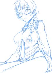 Rule 34 | 1girl, bespectacled, between breasts, blue theme, braid, breasts, glasses, large breasts, long hair, lynette bishop, maydrawfag, monochrome, necktie, no pants, non-web source, panties, single braid, sitting, solo, strike witches, underwear, vest, world witches series