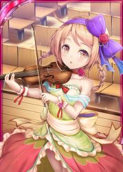 Rule 34 | 1girl, akkijin, bare shoulders, bow (music), braid, brown eyes, brown hair, card (medium), chair, collarbone, dress, flower, green dress, hair ribbon, indoors, instrument, multicolored clothes, multicolored dress, music, official art, pink flower, pink rose, playing instrument, purple ribbon, red ribbon, ribbed dress, ribbon, rose, shinkai no valkyrie, solo, twin braids, violin, yellow ribbon