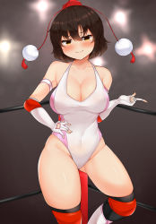 Rule 34 | alternate costume, armband, black hair, breasts, cleavage, closed mouth, contrapposto, daichi (tokoya), elbow gloves, elbow pads, gloves, groin, half-closed eyes, hat, highres, knee pads, large breasts, leotard, lights, looking at viewer, navel, pointing, pom pom (clothes), red headwear, shameimaru aya, short hair, smile, standing, tokin hat, touhou, white leotard, wrestling outfit, wrestling ring