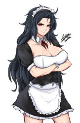 Rule 34 | 10s, 1girl, abs, absurdres, airisubaka, alternate costume, black hair, breasts, cleavage, crossed arms, daidouji (senran kagura), enmaided, highres, large breasts, long hair, looking at viewer, maid, maid headdress, mole, mole under eye, muscular, muscular female, red eyes, senran kagura, signature, simple background, solo, standing, white background