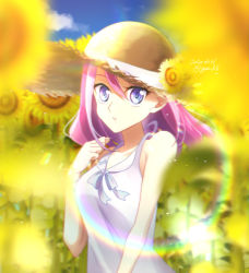 Rule 34 | 1girl, 2020, blue eyes, blue ribbon, blurry, blurry foreground, collarbone, dated, day, dress, floating hair, flower, hat, hat flower, hat ribbon, hiiragi yuzu, looking at viewer, multicolored hair, neck ribbon, open mouth, outdoors, pink hair, ribbon, silver hair, sleeveless, sleeveless dress, solo, standing, straw hat, summer, sun hat, sundress, twitter username, two-tone hair, upper body, white dress, yellow flower, yellow hat, yellow ribbon, yu-gi-oh!, yu-gi-oh! arc-v, yun yu