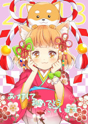 Rule 34 | 1girl, 2018, :3, animal, animal ears, animal on head, blunt bangs, blush, bracelet, clenched hands, dog, dog ears, dog on head, hair ornament, happy new year, hazuki natsu, head rest, japanese clothes, jewelry, kimono, looking at viewer, new year, on head, orange eyes, orange hair, original, pearl bracelet, pink kimono, pinky ring, short hair, solo, wide sleeves, wristband