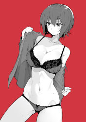 Rule 34 | 1girl, bare shoulders, blush, bra, breasts, cleavage, collarbone, collared shirt, cowboy shot, cropped, frown, girls und panzer, gluteal fold, greyscale, greyscale with colored background, hair between eyes, highres, lace, lace-trimmed bra, lace trim, large breasts, limited palette, long sleeves, monochrome, muteki soda, navel, nishizumi maho, off shoulder, open clothes, open shirt, panties, red background, shirt, short hair, simple background, skindentation, solo, strap gap, sweat, sweatdrop, underwear, undressing