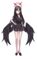 Rule 34 | 1girl, absurdres, black choker, black footwear, black hair, black shirt, black shorts, black wings, blue archive, blue eyes, blush, breasts, choker, cleavage, collared shirt, commentary, ena (enanong), english commentary, feathered wings, full body, grin, hair ornament, hairclip, halo, hand on own hip, highres, ichika (blue archive), large breasts, long hair, looking at viewer, low wings, one eye closed, red halo, shirt, short sleeves, shorts, simple background, slippers, smile, solo, white background, wings