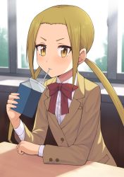 Rule 34 | 1girl, blonde hair, blush, bow, bowtie, buttons, carton, collared shirt, commentary request, drinking, drinking straw, drinking straw in mouth, eyelashes, fagi (kakikaki), hagimura suzu, holding, jacket, long sleeves, looking at viewer, mouth hold, red bow, red bowtie, seitokai yakuindomo, shirt, solo, twintails, white shirt, yellow eyes, yellow jacket
