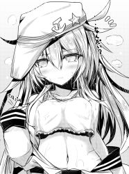 Rule 34 | 10s, 1girl, ^^^, ai takurou, bare shoulders, blush, bra, breasts, clothes down, collarbone, eyebrows, flat cap, grey background, greyscale, hair between eyes, hammer and sickle, hat, hibiki (kancolle), kantai collection, long hair, long sleeves, looking at viewer, monochrome, motion lines, navel, sidelocks, sketch, small breasts, solo, star (symbol), stomach, sweat, translation request, two-tone background, underwear, upper body, verniy (kancolle)