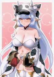 Rule 34 | 1girl, absurdres, animal costume, animal ears, animal print, blue hair, border, catura (granblue fantasy), cow costume, cow ears, cow girl, cow hat, cow horns, cow print, cow tail, draph, granblue fantasy, grey border, hassy (97197257), highres, horns, light blue hair, long hair, micro shorts, navel, orange eyes, own hands together, pink background, shorts, solo, tail, open fly, white shorts