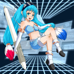 1girl bandaid blue_eyes blue_hair female_focus fingerless_gloves full_body gloves highres legs long_hair matching_hair/eyes pixiv pixiv-tan ryou@ryou solo stylus