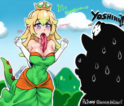 Rule 34 | 1boy, 1girl, autocunnilingus, bare shoulders, between breasts, blonde hair, blue eyes, blush stickers, breasts, cappy (mario), cloud, crown, cunnilingus, day, dress, elbow gloves, english text, female masturbation, gloves, gradient hair, green dress, heart, heart-shaped pupils, hetero, large breasts, long tongue, mario, mario (series), masturbation, multicolored hair, naughty face, new super mario bros. u deluxe, nintendo, open mouth, oral, pointy ears, saliva, sereneandsilent, silhouette, super crown, super mario odyssey, sweat, nervous sweating, symbol-shaped pupils, tail, tongue, tongue out, very long tongue, yoshi