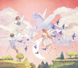 Rule 34 | 1boy, 2girls, ahoge, angel, angel wings, barefoot, bird, blue bird, blue pajamas, closed mouth, cloud, collared dress, commentary, crescent moon, dress, english commentary, falling flower, flower, flying, foal, from behind, from side, grass, halo, highres, hill, holding, holding scissors, holding watering can, long hair, looking at another, looking back, looking down, moon, multiple girls, original, outdoors, pajamas, pegasus, pine tree, pink bird, pink dress, red flower, red hair, red sky, scissors, short bangs, short hair, sky, sleeve cuffs, tono (rt0no), tree, watering can, white flower, wings