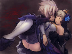 Rule 34 | 00s, 1boy, 1girl, 2009, armor, armored dress, boots, carrying, couple, crown, dress, grey background, gwendolyn (odin sphere), hetero, jayun, md5 mismatch, odin sphere, oswald, panties, princess carry, resized, resolution mismatch, source smaller, strapless, strapless dress, thigh boots, thighhighs, underwear, upscaled, white hair