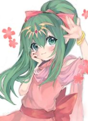 Rule 34 | 1girl, :t, blush, bracelet, closed mouth, delaware3850, dress, fingernails, fire emblem, fire emblem: mystery of the emblem, green eyes, green hair, hair between eyes, hair ribbon, hands on own face, hands up, headpiece, highres, jewelry, long hair, nintendo, pink dress, pink ribbon, pink scarf, pointy ears, ponytail, red sash, ribbon, sash, scarf, solo, tiki (fire emblem), tiki (young) (fire emblem), twitter username