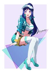 Rule 34 | 1girl, :d, absurdres, blue footwear, blue hair, blue jacket, blue shorts, blush, bracelet, breasts, cleavage, collarbone, crop top, full body, high ponytail, highres, jacket, jewelry, large breasts, long hair, looking at viewer, love live!, love live! sunshine!!, matsuura kanan, midriff, navel, open clothes, open jacket, open mouth, parted bangs, pisskun, purple eyes, scrunchie, short shorts, shorts, sitting, smile, solo, thighhighs, twitter username, very long hair, visor cap, white thighhighs, wrist scrunchie, yellow scrunchie, yellow shorts