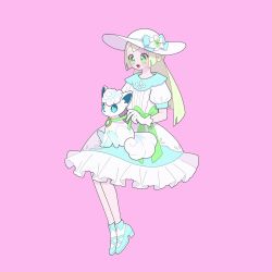 Rule 34 | 1girl, :d, adapted costume, alolan form, alolan vulpix, blush, bobby socks, bow, commentary request, creatures (company), dress, eyelashes, flower, game freak, gen 7 pokemon, gloves, green bow, green eyes, hat, hat flower, hat ribbon, highres, holding, lillie (pokemon), nintendo, nyaasechan, on lap, open mouth, pink background, pokemon, pokemon (anime), pokemon (creature), pokemon on lap, pokemon sm146, pokemon sm (anime), ribbon, shoes, short sleeves, simple background, smile, socks, tongue, white dress, white flower, white gloves, white headwear, white legwear