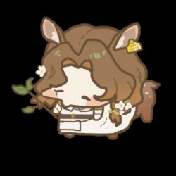 Rule 34 | 1girl, animal ears, animated, animated gif, belt, black belt, blush, branch, brown hair, centauroid, chibi, chinese commentary, closed eyes, closed mouth, commentary request, deer ears, deer girl, dress, ear tag, eating, flower, full body, hair flower, hair ornament, holding, holding branch, jessica (reverse:1999), leaf, looping animation, lowres, parted bangs, reverse:1999, shengye sang, simple background, solo, taur, transparent background, white dress, white flower