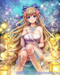 Rule 34 | 1girl, bare shoulders, blonde hair, blue eyes, blush, bow, breasts, cleavage, collarbone, commentary, copyright name, earrings, fumi (butakotai), hair bow, hair ornament, jewelry, lantern, lantern on liquid, large breasts, lips, long hair, looking at viewer, maboroshi juuhime, naked towel, necklace, night, night sky, onsen, outdoors, paper lantern, partially submerged, sitting, sky, smile, solo, sparkle, towel, very long hair, water, wrist cuffs