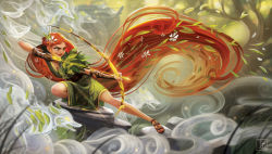Rule 34 | 1girl, absurdly long hair, arrow (projectile), artemis (mythology), bow (weapon), braid, brown gloves, closed mouth, commentary, drawing bow, dress, flower, from side, full body, gloves, glowing, glowing eyes, greek mythology, green dress, green eyes, hair flower, hair ornament, highres, holding, holding bow (weapon), holding weapon, julia blattman, leaf, long hair, open mouth, orange hair, outstretched leg, partially fingerless gloves, plant, realistic, rock, smile, solo, spirit, very long hair, weapon, yellow eyes