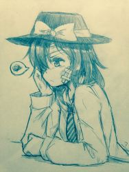 Rule 34 | 1girl, bandage over one eye, bandaid, bandaid on face, bow, bruise, closed mouth, commentary request, efukei, frown, hair over one eye, hand on own cheek, hand on own face, hand up, hat, hat bow, highres, injury, long sleeves, monochrome, necktie, one eye covered, shirt, solo, speech bubble, spoken squiggle, squiggle, striped necktie, striped neckwear, touhou, traditional media, upper body, usami renko