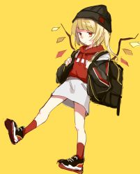 Rule 34 | 1girl, :/, backpack, bag, black bag, black headwear, black jacket, blonde hair, closed mouth, contemporary, crystal, flandre scarlet, full body, highres, holding strap, jacket, looking down, medium hair, one side up, open clothes, open jacket, paragasu (parags112), red eyes, red shirt, red socks, shirt, shoes, simple background, skirt, sneakers, socks, solo, standing, standing on one leg, touhou, white skirt, wings, yellow background