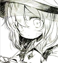 Rule 34 | 1girl, child, female focus, flat chest, frilled shirt, frills, greyscale, hat, komeiji koishi, looking at viewer, lotosu, monochrome, open mouth, shirt, sidelocks, simple background, sketch, solo, touhou, upper body, white background, wide-eyed