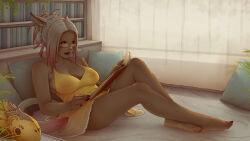 Rule 34 | 1girl, animal ears, bare shoulders, barefoot, book, breasts, cat ears, cat tail, commentary, commission, dress, english commentary, facial mark, feet, final fantasy, final fantasy xiv, glasses, gradient hair, highres, indoors, light brown hair, lips, mask, medium breasts, medium hair, miqo&#039;te, multicolored hair, nail polish, open book, reading, red eyes, red hair, red nails, sitting, soles, solo, soranamae, tail, toenail polish, toenails, toes, unworn mask, warrior of light (ff14), whisker markings, yellow dress