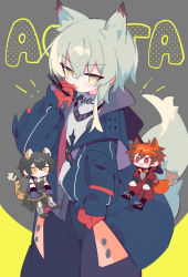 Rule 34 | 3boys, absurdres, animal ears, aosta (arknights), arknights, black hair, blouse, blush, broca (arknights), character name, chiave (arknights), chibi, cowboy shot, english text, fang, fox boy, fox ears, fox tail, gloves, grey hair, hand up, highres, jacket, male focus, multiple boys, open mouth, peroppafu, red eyes, red gloves, red hair, shirt, short hair, tail, tiger boy, tiger ears, tiger tail, white shirt, wolf boy, wolf ears, wolf tail, yellow eyes