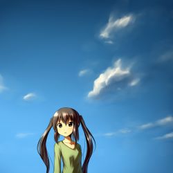 Rule 34 | 1girl, aaaa (quad-a), bad id, bad pixiv id, black hair, blue background, brown eyes, casual, cloud, day, highres, k-on!, long hair, nakano azusa, sky, solo, twintails