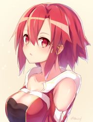 Rule 34 | 10s, 1girl, beige background, blush, breasts, cleavage, collarbone, from side, hair between eyes, hair ornament, hairclip, highres, izetta, light particles, looking at viewer, medium breasts, nogi lief, parted lips, red eyes, red hair, short hair, shuumatsu no izetta, signature, solo, upper body, yellow background