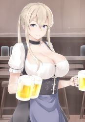 Rule 34 | 1girl, absurdres, alcohol, beer, beer mug, blonde hair, breasts, choker, cleavage, collarbone, cup, dirndl, drinking glass, german clothes, graf zeppelin (kancolle), hair between eyes, highres, holding, kantai collection, large breasts, long hair, looking at viewer, maruyaa (malya1006), meme attire, mug, purple eyes, short sleeves, sidelocks, smile, solo, twintails