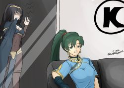 Rule 34 | 2girls, angry, black hair, bodystocking, breasts, cape, dress, earrings, fire emblem, fire emblem: the blazing blade, fire emblem awakening, fire emblem warriors, gloves, green hair, high ponytail, jewelry, looking at viewer, lyn (fire emblem), multiple girls, nintendo, parted lips, ponytail, smile, tharja (fire emblem), tiara, twintails