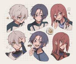 Rule 34 | 3boys, black eyes, blue lock, blue shirt, braid, chigiri hyoma, expressions, fork, grey hair, hand up, highres, holding, holding fork, jacket, long hair, looking at viewer, male focus, mikage reo, multiple boys, nagi seishirou, open mouth, portrait, purple eyes, purple hair, red eyes, red hair, red shirt, sadaharu010, shirt, short hair, single braid, smile, sweat, tongue, tongue out, v-shaped eyebrows, white jacket