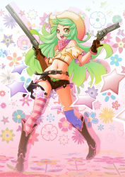 Rule 34 | 1girl, bandana, bare shoulders, belt, boots, bow, bow panties, cowboy boots, cowboy hat, cowboy western, flower, full body, gloves, gradient hair, green eyes, green hair, green panties, gun, handgun, hat, highres, knee boots, long hair, lucknight, matching hair/eyes, midriff, multicolored hair, navel, open fly, original, panties, pistol, revolver, rifle, short shorts, shorts, single thighhigh, skindentation, solo, star (symbol), striped clothes, striped panties, striped thighhighs, thighhighs, trigger discipline, underwear, unzipped, weapon